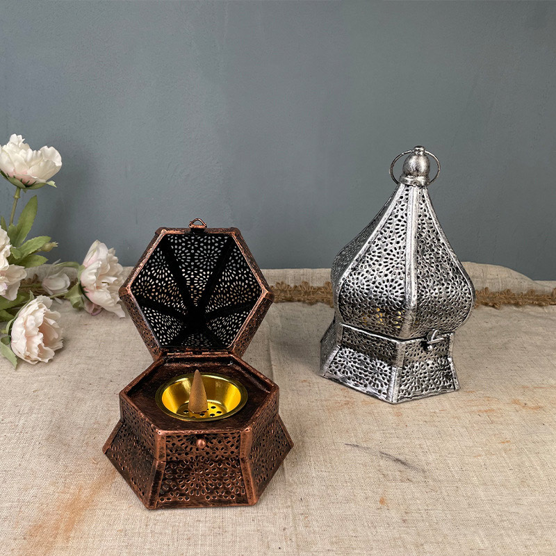 Vintage Moroccan Hollow Iron Candle Holder, Hexagonal Base Color:Cooper 2