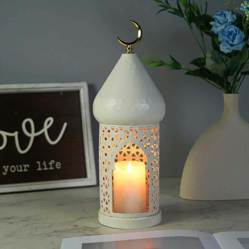 White Hollow Islamic Iron Candle Holder Set,Moon Tower Size:9.8*9.8*31.5cm 3
