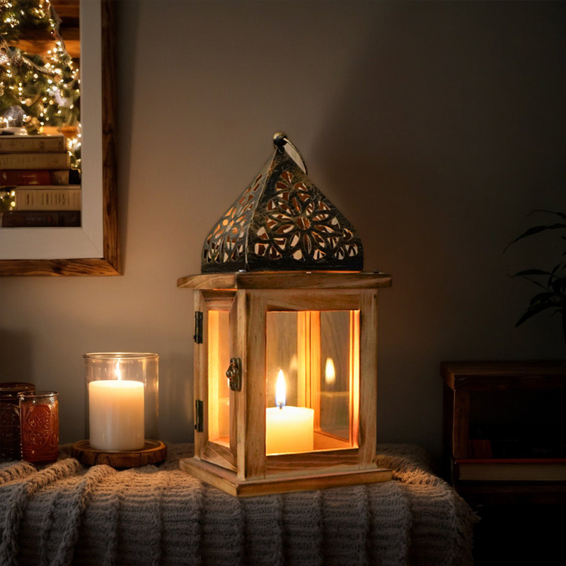 Vintage Hollow Iron Candle Holder / Wooden Clear Glass Lantern Size:12*12*25.5cm 1