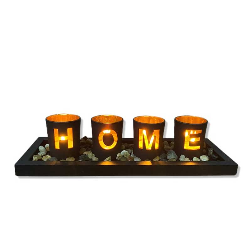 Rustic "HOME" Votive Candle Holder with Tray and Stones