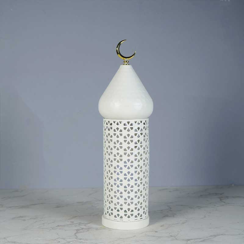 White Hollow Islamic Iron Candle Holder Set,Moon Tower Size:9.8*9.8*31.5cm 2