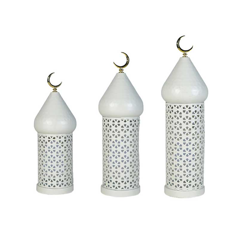 White Hollow Islamic Iron Candle Holder Set,Moon Tower, Moon Tower Decorative Lantern Set of 3