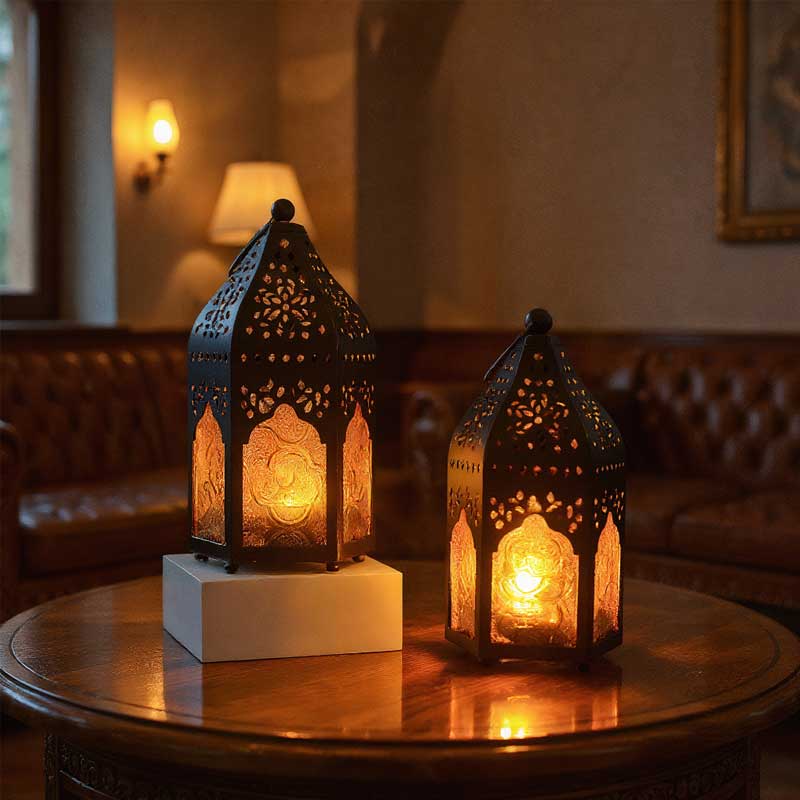 Moroccan Vintage Hollow Iron Candle Holder,Embossed Glass Color:Black;Size:8*8*18.5cm 1