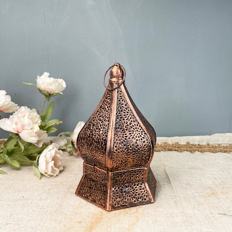 Vintage Moroccan Hollow Iron Candle Holder, Hexagonal Base Color:Cooper 1