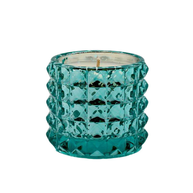 Teal Diamond Pattern Glass Candle Holder Color:Blue