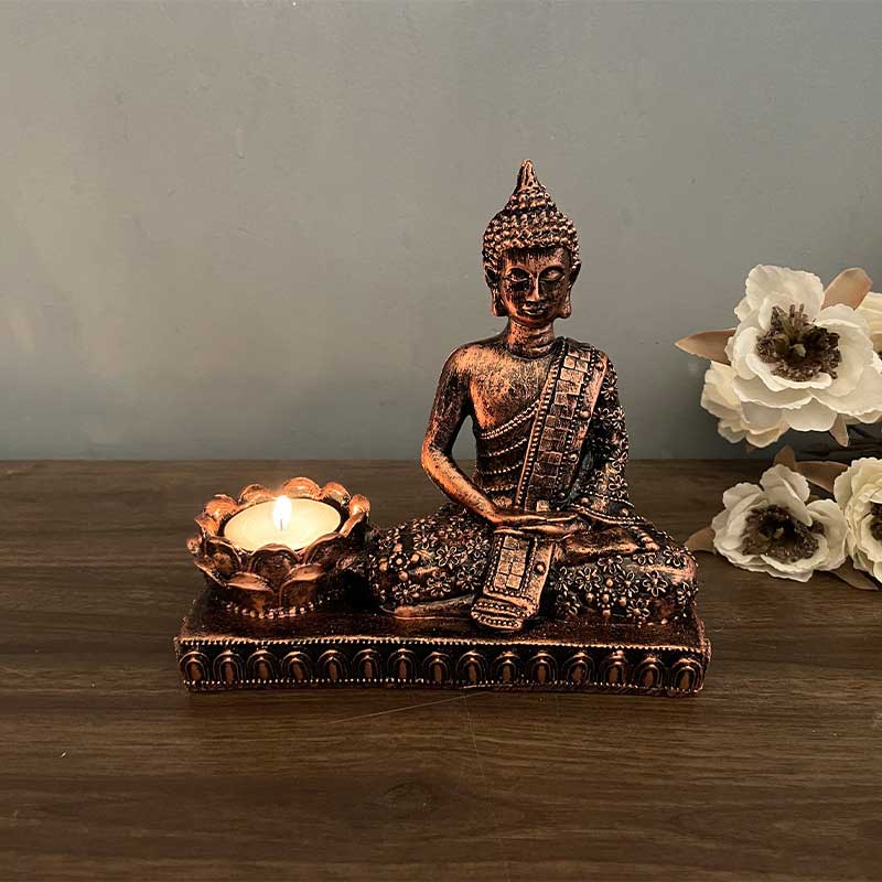 Retro Resin Buddha & Lotus Candle Holder Bronze  , Indian Diwali Decor