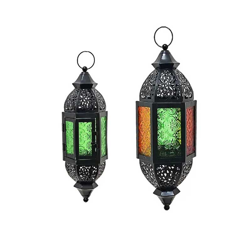 Bohemian Moroccan Hanging Iron Candle Lantern,Embossed Glass, Embossed Floral and vine Glass