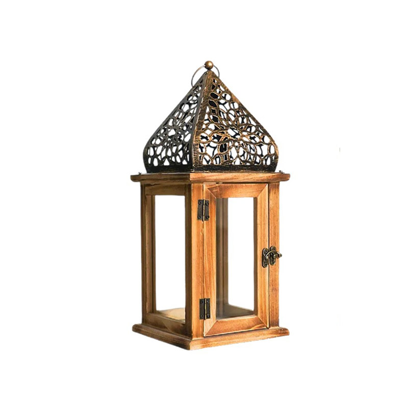 Vintage Hollow Iron Candle Holder / Wooden Clear Glass Lantern Size:14*14*33.5cm