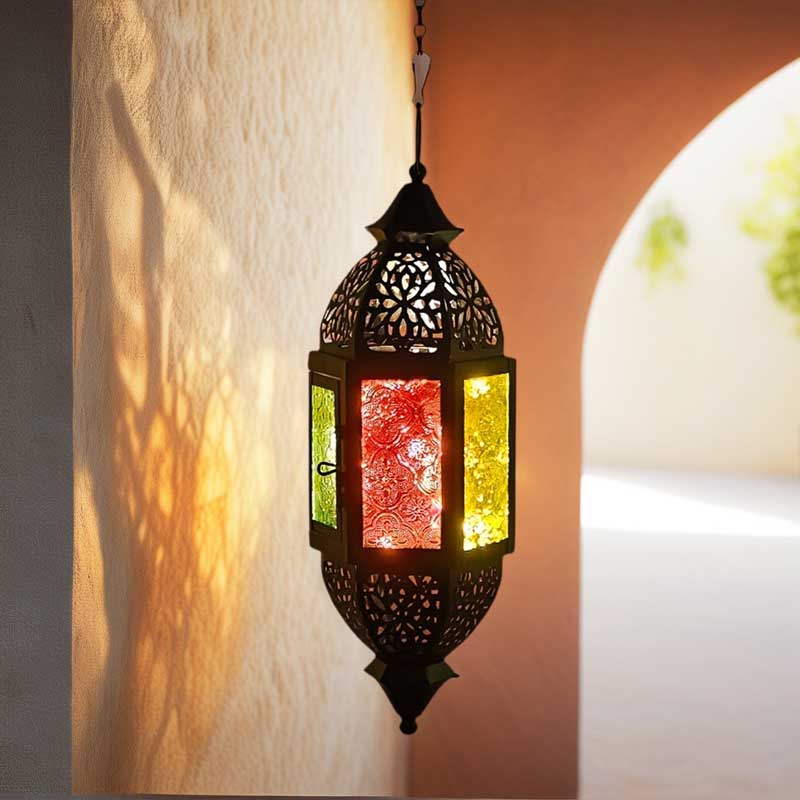 Bohemian Moroccan Hanging Iron Candle Lantern,Embossed Glass Size:10.7*10.7*31cm 2