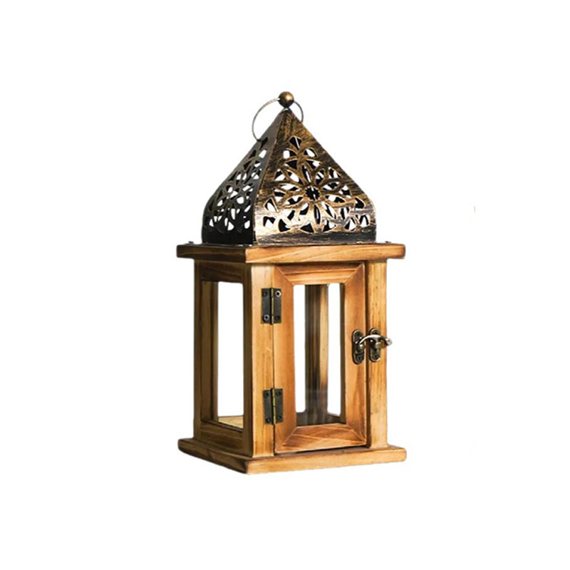 Vintage Hollow Iron Candle Holder / Wooden Clear Glass Lantern Size:12*12*25.5cm