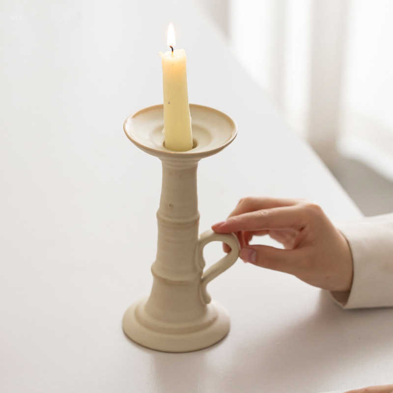Vintage Bamboo-Inspired Ceramic Candlestick Color:Off-white 1