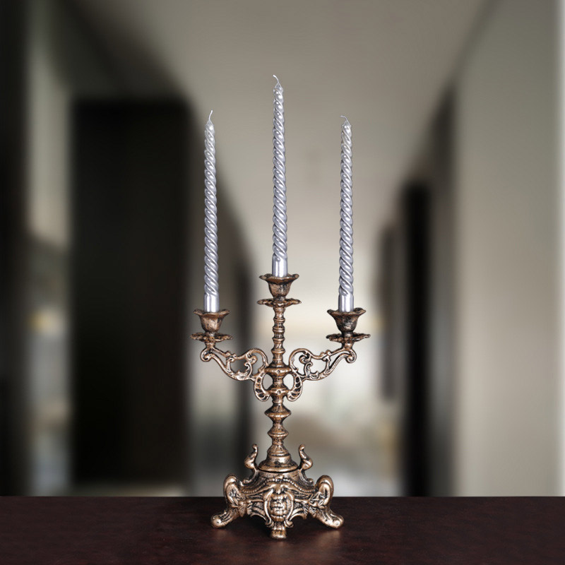 Vintage European Cast Iron Candelabra - 3-Arm/5-Arm Engraved Candlestick Holder Color:3 Cups 1