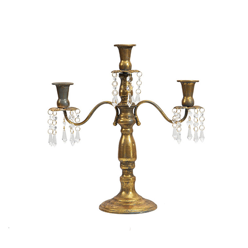 Vintage Three-Head Iron Candelabra with Crystal Pendants