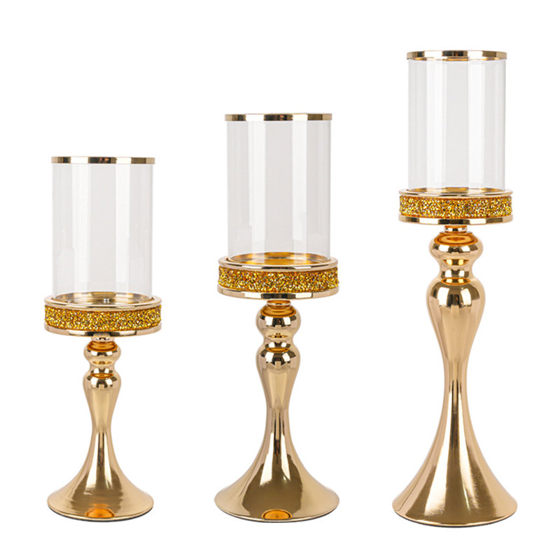 European Crystal Glass Hurricane Candlestick Holders, Gold/Silver