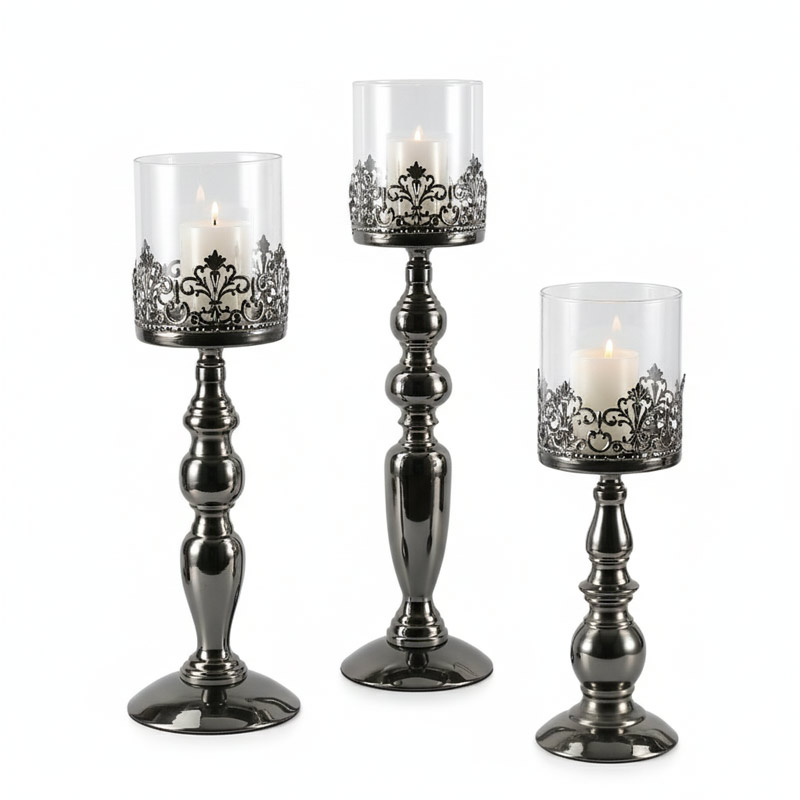 Baluster Pillar candle holder set, Glass Hurricane Shade Color:Dark grey