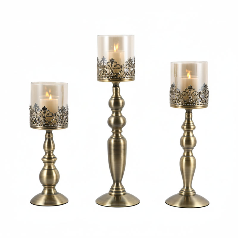 Baluster Pillar candle holder set, Glass Hurricane Shade, filigree-style cutout