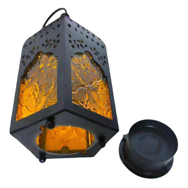 Moroccan Vintage Hollow Iron Candle Holder,Embossed Glass Color:Black;Size:8*8*18.5cm 2