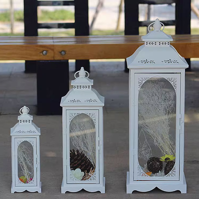 Vintage Hollow Wrought Iron and Glass Lantern / Candle Holder Color:White;Size:24*24*72cm