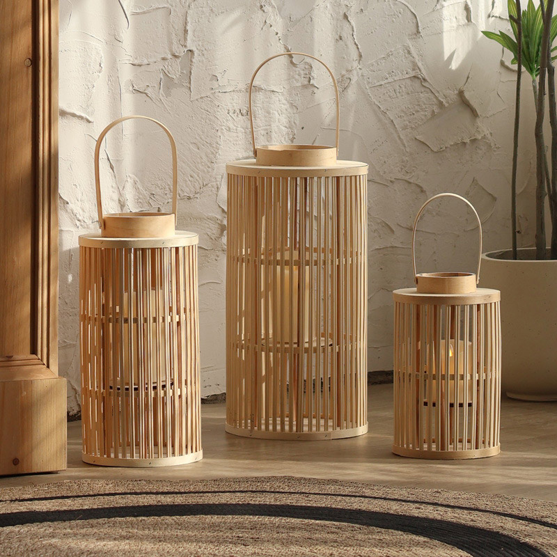 Hand-Woven Floor Bamboo and Wood Lantern / Candle Holder Color:Natural ;Size:18*18*30cm 3