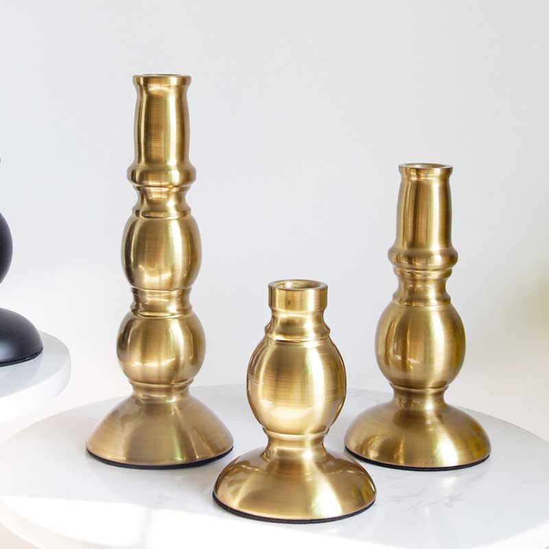 Modern Minimalist  rounded and segmented Iron Candlestick Set of 3 Plated Gold  