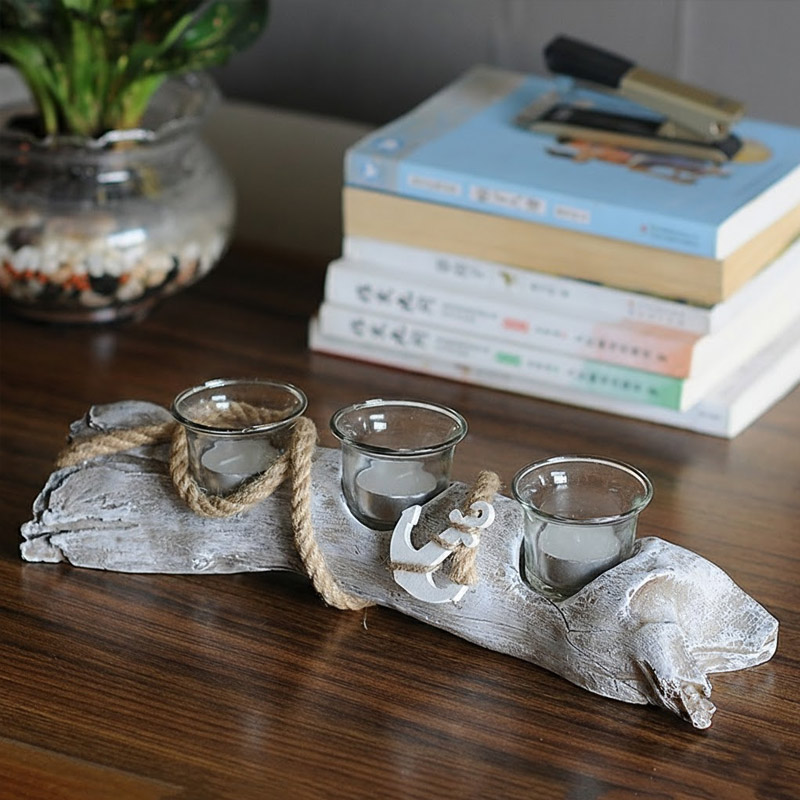 Mediterranean Natural Resin 3-Votive Candle Holder 3 Cup  , Nautical Anchor Driftwood Candle Holder