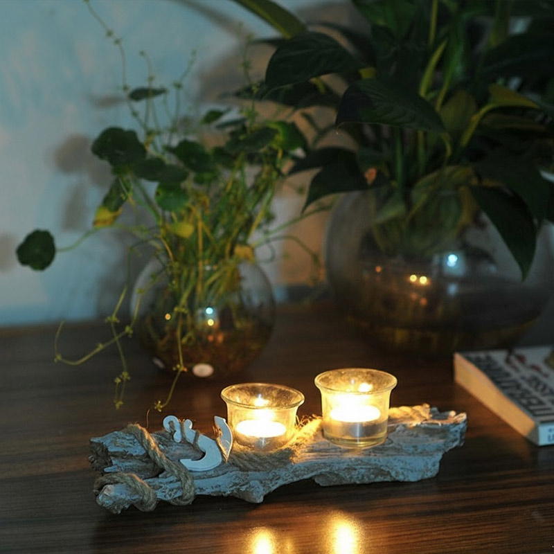 Mediterranean Natural Resin 3-Votive Candle Holder 2 Cups  , Nautical Anchor Driftwood Candle Holder