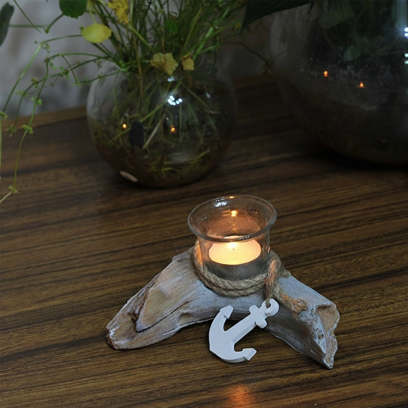 Mediterranean Natural Resin 3-Votive Candle Holder 1 Cups  , Nautical Anchor Driftwood Candle Holder
