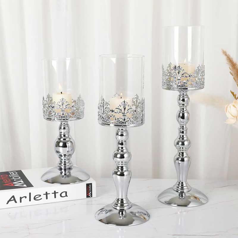 European Classic Iron and Glass Candle Holder Set of 3 Silver  