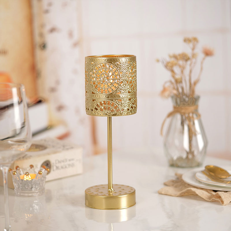 Gold Iron Hollow-Out Tabletop Candlestick,Tall Stem Design Color:Golden 1 2