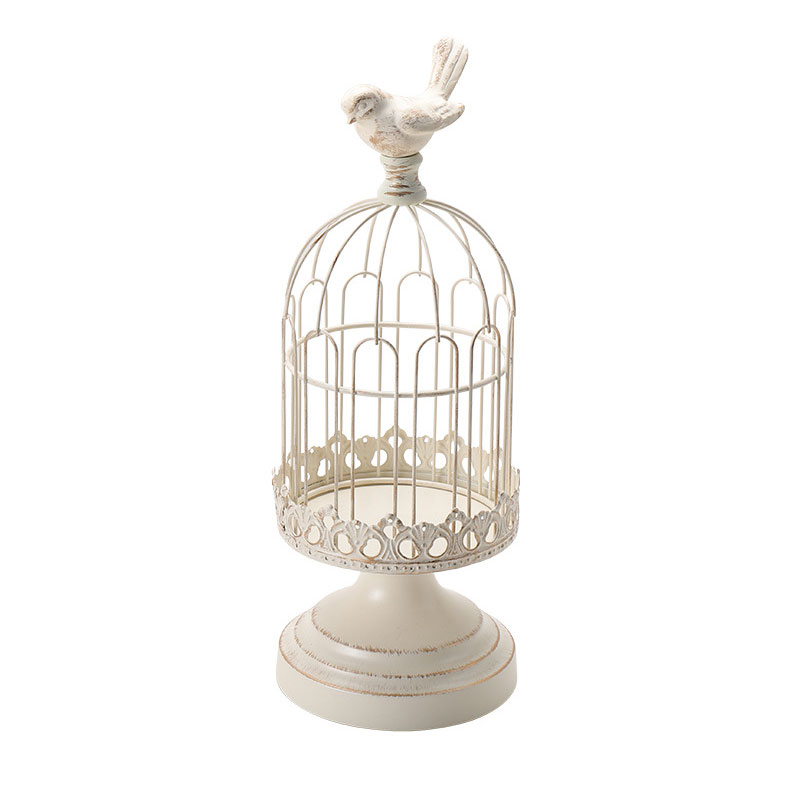 Vintage Iron Birdcage Candle Holders with Perched Birds (Large/Small) Color:White;Size:11.5*11.5*31.5cm