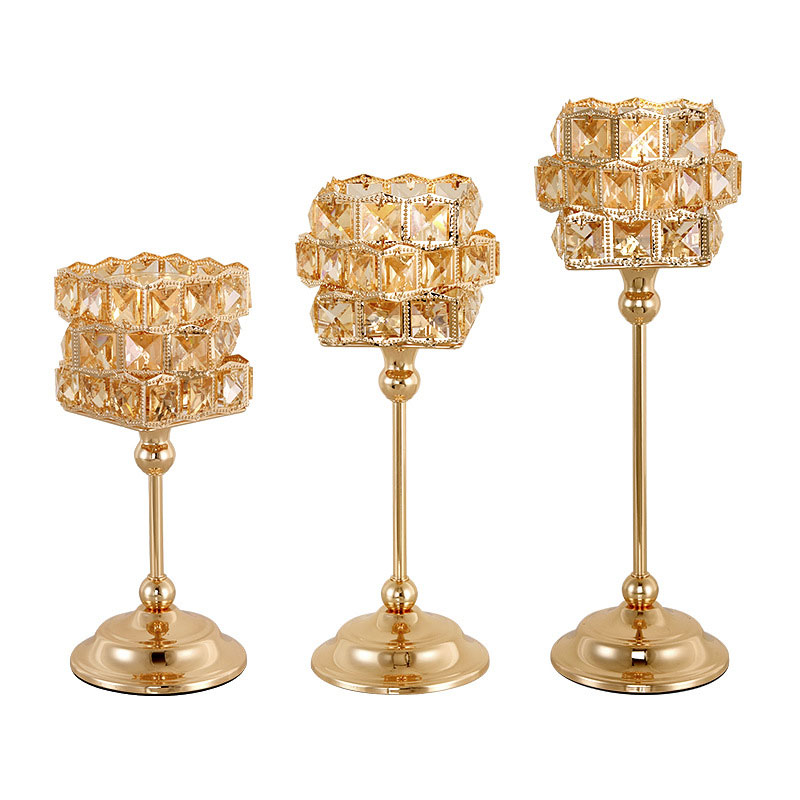 European Simple Crystal Candle Holder Set, Plated Iron Color:Gold;Size:12*12*28cm