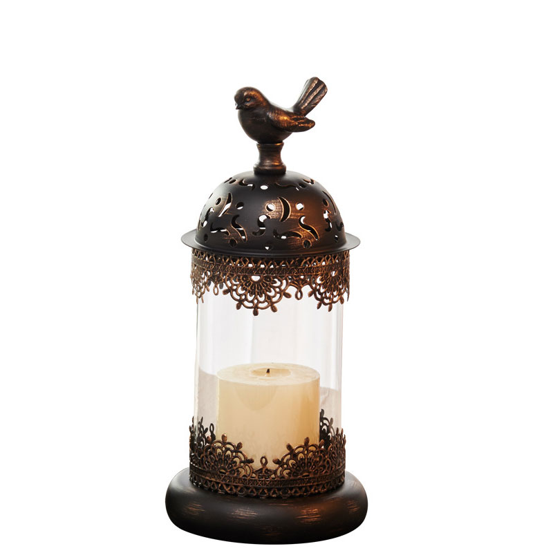 European Retro Iron Birdcage Candlestick , Hollow Glass Candle Holder Color:Black;Size:14*14*30cm