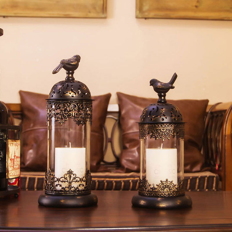 European Retro Iron Birdcage Candlestick , Hollow Glass Candle Holder Color:Black;Size:14*14*35cm 2