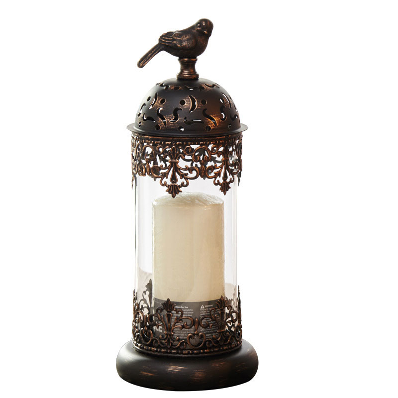 European Retro Iron Birdcage Candlestick , Hollow Glass Candle Holder Color:Black;Size:14*14*35cm