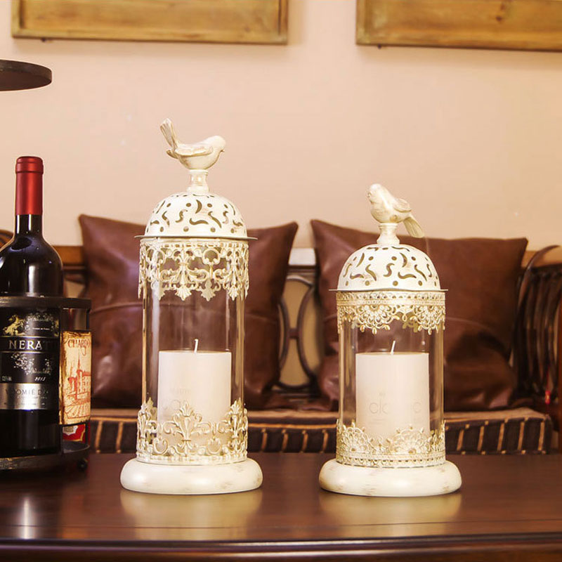European Retro Iron Birdcage Candlestick , Hollow Glass Candle Holder Color:White;Size:14*14*35cm