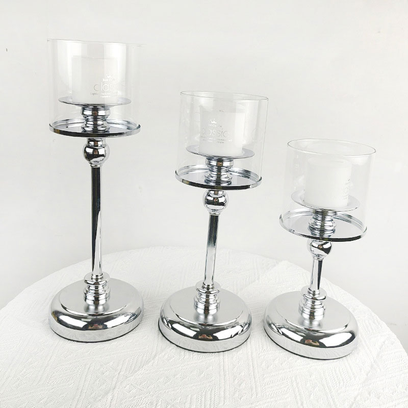 Set of 3 Electroplated Iron Candlestick Holders with Glass Shade Size:12*31cm 1