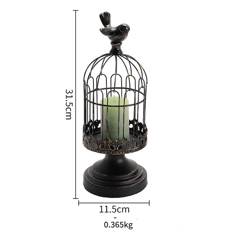 Vintage Iron Birdcage Candle Holders with Perched Birds (Large/Small) Color:Black;Size:11.5*11.5*31.5cm