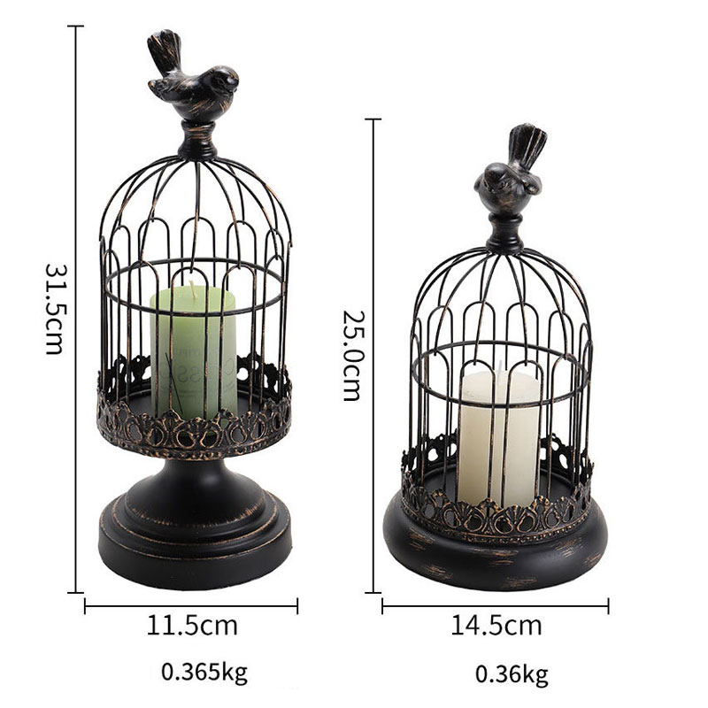 Vintage Iron Birdcage Candle Holders with Perched Birds (Large/Small) Color:Black;Size:14.5*14.5*25cm 1