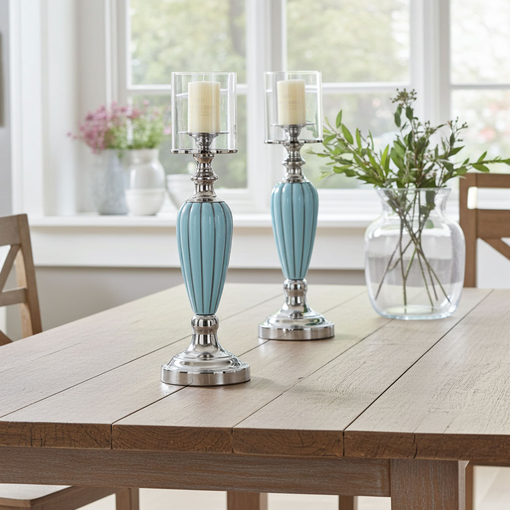 Tall European Light Blue Ceramic & Iron Glass Hurricane Candlestick Color:14*44 CM 6