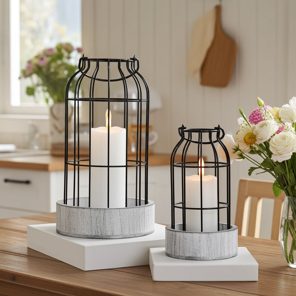Birdcage Design Wooden Base Metal Candlestick Set of 2 Color:Grey 2