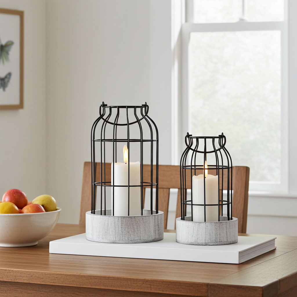 Birdcage Design Wooden Base Metal Candlestick Set of 2 Color:Grey 3