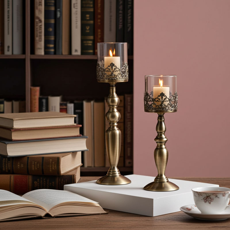 Baluster Pillar candle holder set, Glass Hurricane Shade 333 Color:Bronze 1