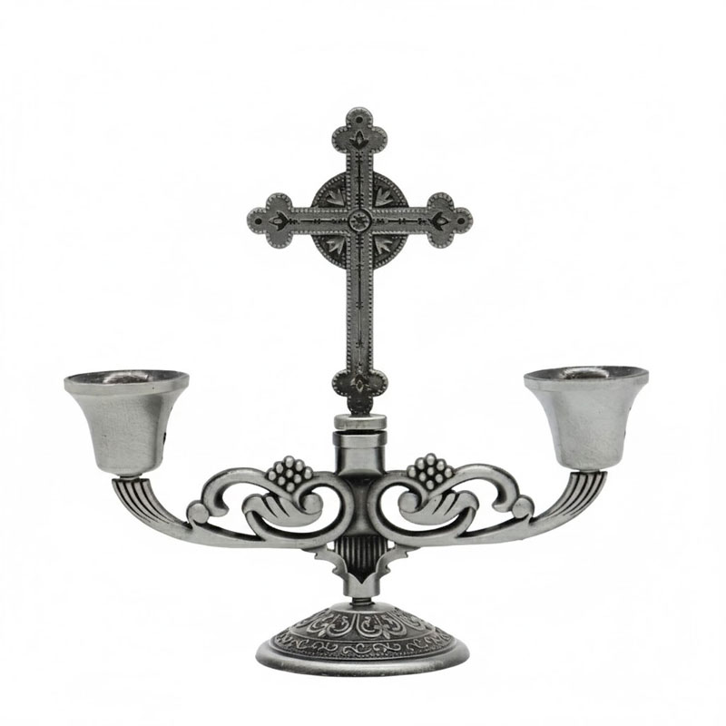 Vintage Religious Cross 2 Arms Iron Candlestick silver grey  , Church Decor