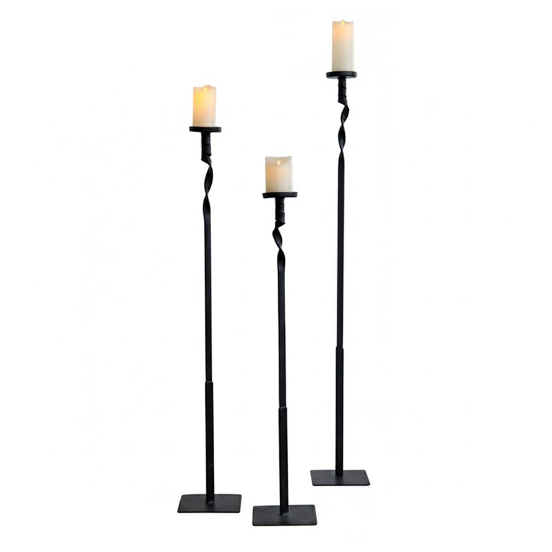 Hand-Forged Twist Wrought Iron Floor Candle Holder Set of 3, Tall Black Pillar Candlestick