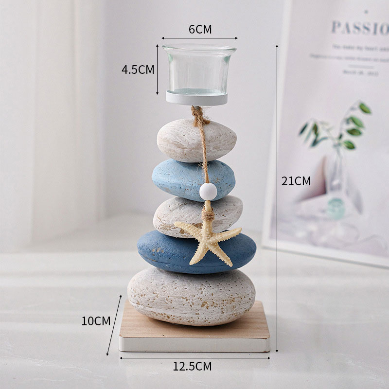 Mediterranean Style Stacked Pebble Candle Holder with Starfish Style1  , Coastal style Home Decor Accent