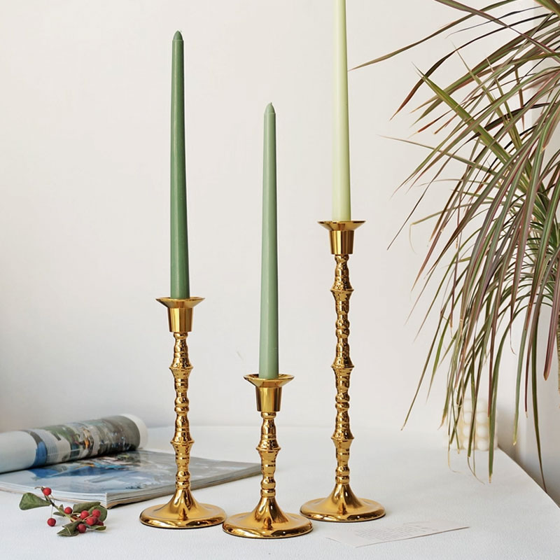 Rustic Bamboo Knot Iron Art Candlestick Set of 3 ,Matte Black / Plated Gold Color:Gold;Size:9*9*31.5cm 1