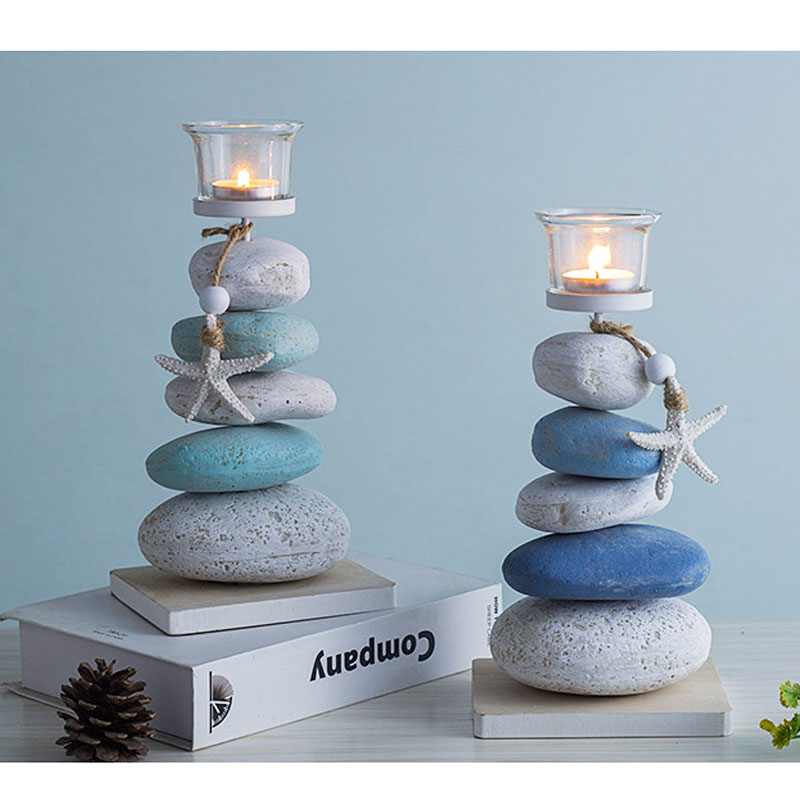 Mediterranean Style Stacked Pebble Candle Holder with Starfish Style:Style1 3