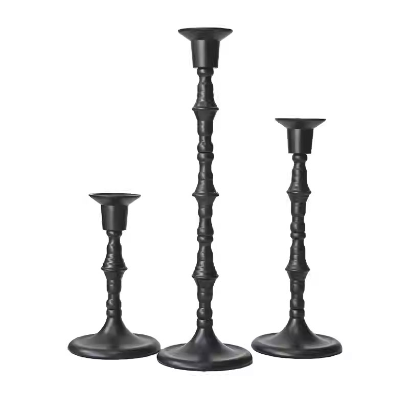 Rustic Bamboo Knot Iron Art Candlestick Set of 3 ,Matte Black / Plated Gold
