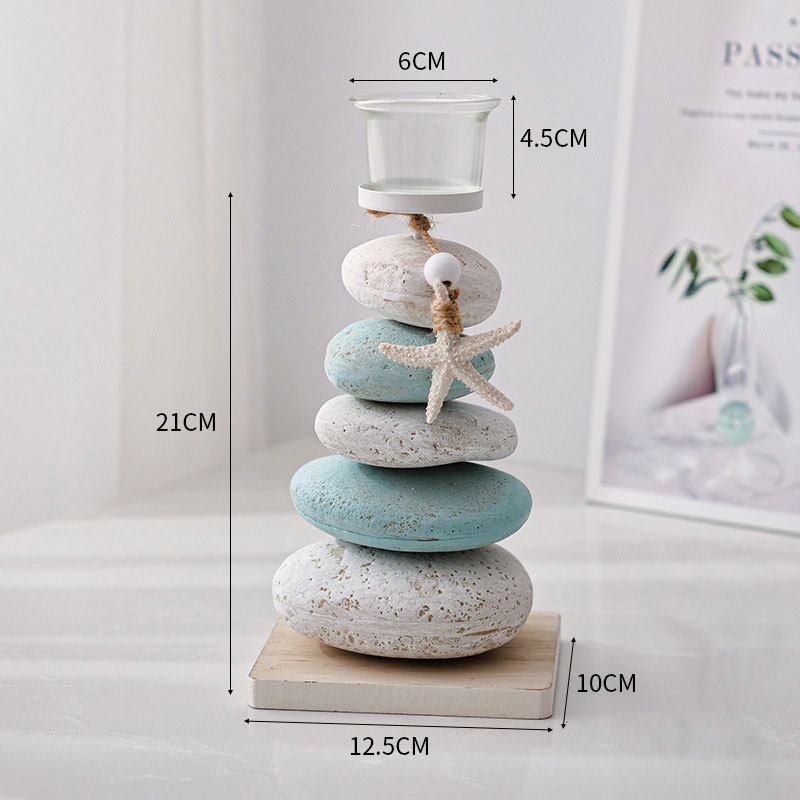 Mediterranean Style Stacked Pebble Candle Holder with Starfish Style2  , Coastal style Home Decor Accent