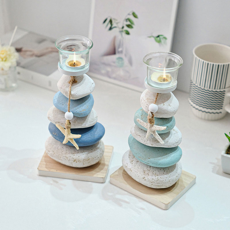 Mediterranean Style Stacked Pebble Candle Holder with Starfish Style:Style1 2